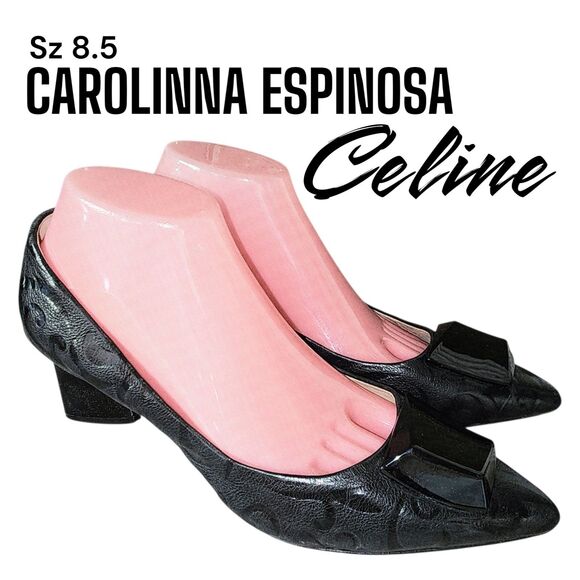 CAROLINNA ESPINOSA CELINE 8.5 Black Embossed Leather Slip On Swirl Print Heels - Picture 1 of 16
